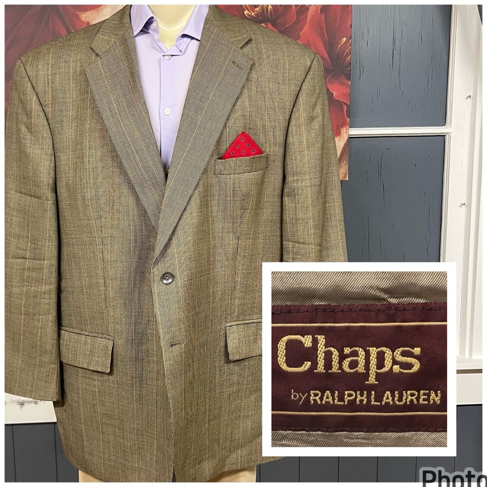 Vintage Chaps Ralph Lauren Blazer Jacket Sport Coat Mens 52R Wool Khaki/Black